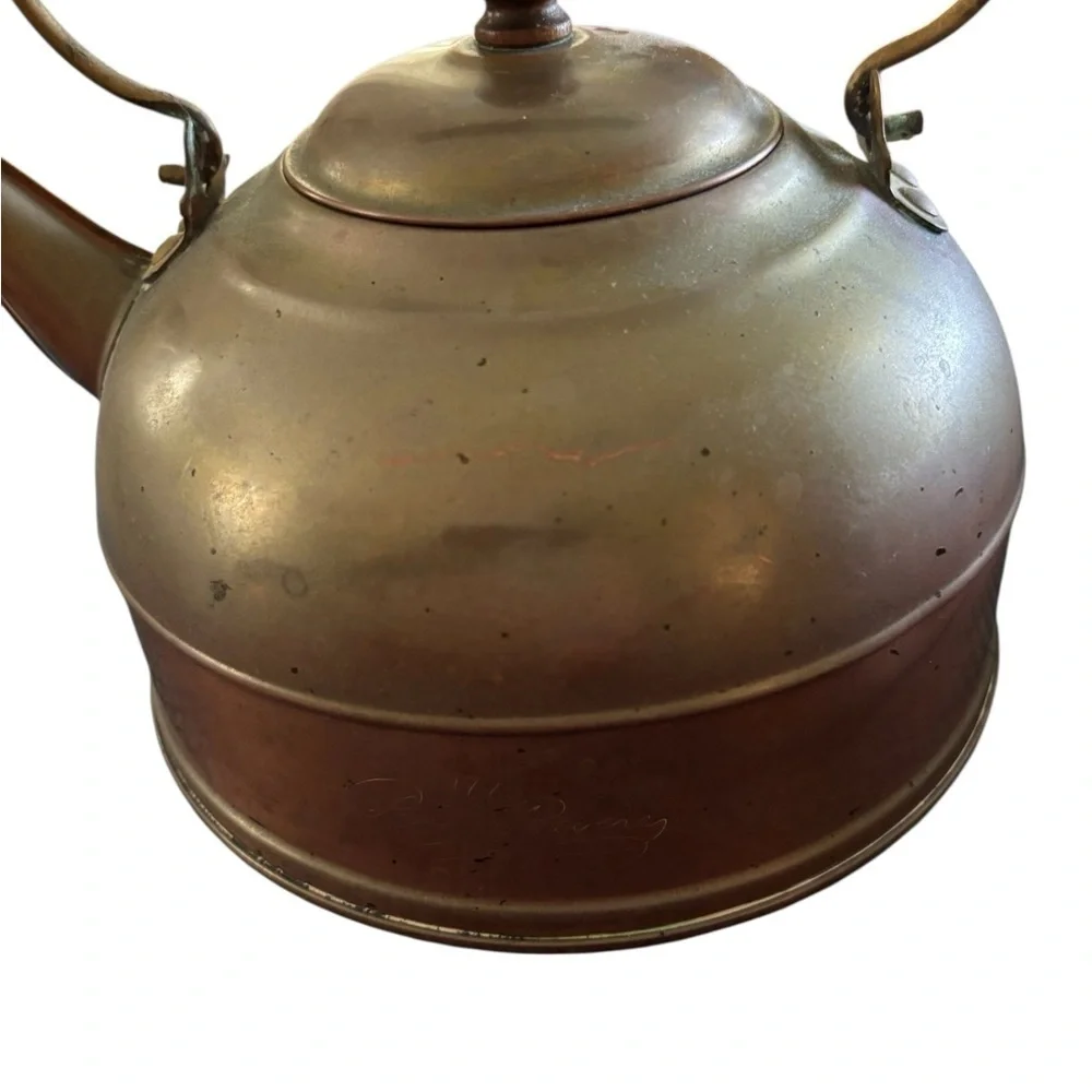 VTG Revere Ware Brass Copper Tea Pot Wood Handle Patina Collectible 7”W 8.5”H